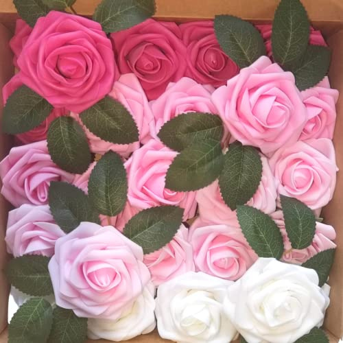 LUSSO LIA 25 pcs Decorative Artificial Flower Foam Roses with Bendable Stems for Wedding Bouquet, Anniversary, Valentine's Day, Table and Home Decoration, DIY, and Arts and Crafts (Pink)