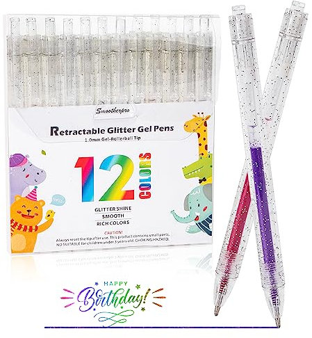 SMOOTHERPRO Metallic Gelstifte | Glitzer Einziehbare Gelstifte Set | 12 Stück Gelschreiber | für Gästebuch Malbücher Karten Schreiben Zeichnen und Skizzieren (GRP012) | 1,0 mm Spitze | 12 Farben