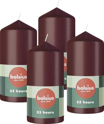 Bolsius Candele a colonna, colore rosso scuro, confezione da 4, 12 x 6 cm, candele decorative per la casa, lunga durata di 33 ore, inodore, cera vegana naturale, senza olio di palma