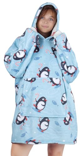 Queenshin Oversize Blau Pinguin Hoodie Decken Sweatshirt Für Damen Herren, Kuschelpullover Warme Flanell Decke Mit Ärmeln Und Kapuze, Kuscheldecke Flauschig Eine Größe Für Alle