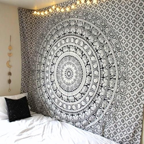 RAJRANG Hippie-Mandala-Tapisserie-Wandbehang-Poster – 76 x 102 cm, indischer Elefant, Maditation, böhmischer Hippie, schwarz und weiß, psychedelische Wohnheimzimmerdekoration