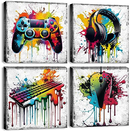 YOOOAHU Game Wall Decor Gaming Art Graffiti Gamepad Headphones Canvas Pictures Gamer Room for Boys Street Pop Bedroom Dorm Playroom Cave Teen Men Cool Video Painting Modern Artwork 12x12'' 4 Pcs