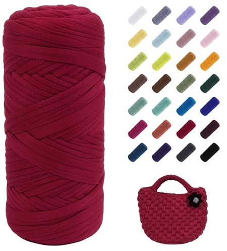 Uiopa T-Shirt Garn, 200g Bändchengarn zum Stricken und Häkeln, Dickes Ribbon Garn Crochet Yarn für Häkeltaschen/Körbe/Teppiche, Heimdekoration, DIY-Kunsthandwerk (Rot)