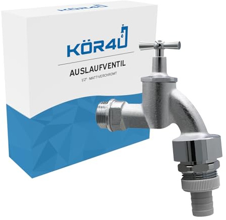 kör4u Auslaufventil 1/2 Zoll, Messing, matt verchromt mit Schlauchanschluss