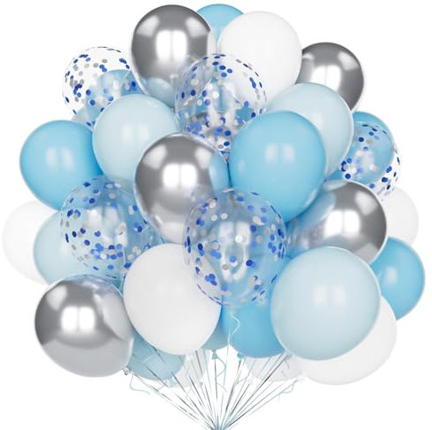 Blau Weiß Silber Luftballons, 60 Stück 12 Zoll Matt Hellblau Pastell Blau Metallic Silber Ballons Set mit Blau Silber Konfetti Helium Latex Luftballons für Geburtstag Hochzeit Babyparty Deko