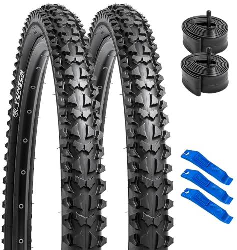 YunSCM 2PCS Faltbarer 26 Zoll Reifen 26x2.10 Mantel 54-559 Plus 2PCS 26 Zoll Schlauch AV32mm Ventil kompatibel Mountainbikes, Geländeräder, Citybikes 26x2.10 26x2.125 Fahrradreifen und Schlauch