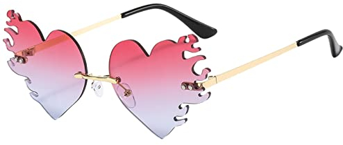 Flammen Sonnenbrillen Herz Rahmenlose Form Brillen Unisex Retro Herzförmige Mode Vintage Punk-Stil Sonnenbrille für Damen Herren, Herz Sonnenbrille Hippie Stil, Rave Brille (Z04, One Size)