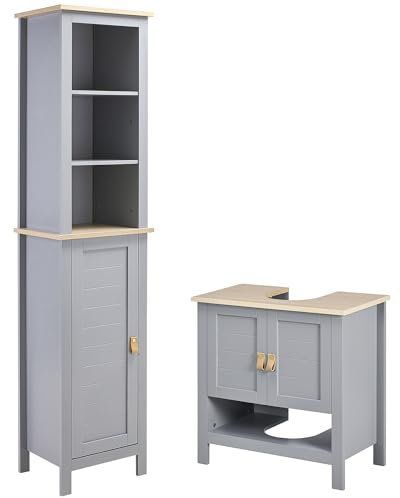 kleankin Conjunto de Baño Juego de Columna de Baño y Mueble para Debajo del Lavabo con Estante Ajustable Estilo Moderno 39x30x168 cm 60x30x60 cm Gris