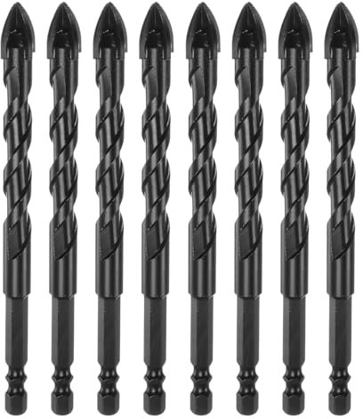 QUARKZMAN 8Pcs Forets pour Béton et Maçonnerie de 12mm (15/32) avec Pointe en Carbure de Tungstène, Revêtus de Chrome, Longs, Triangle Croisé, pour Carrelage, Plastique, Bois, Noir