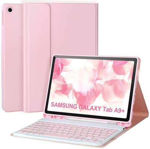 Keyboard Case for Samsung Galaxy Tab A9 Plus/A9+ 5G 11 Inch 2023 Model (SM-X210/X216/X218), Magnetic Keyboard Cover with Removable Wireless Bluetooth Keyboard, Pink