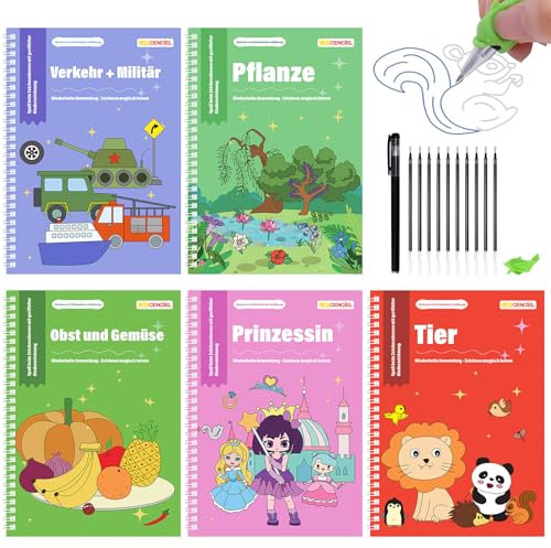 Larcenciel Magisches Heft, 5 Magische Übungshefte für Kinder, Wiederverwendbar Groove Vorschulheft Malbuch mit 1 Stifte + 1 Schreibhilfe + 10 Nachfüllungen, Schreibheft für Zeichnen Lernen (Deutsche)