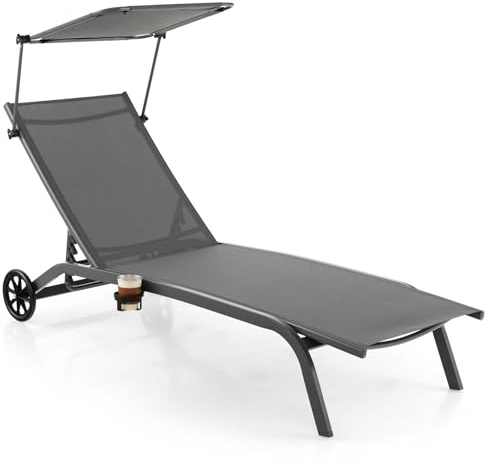 GOPLUS Gartenliege, Sonnenliege mit Dach, Liegestuhl Garten mit Rollen & Getränkehalter, Rücklehne 6 stufig verstellbar, Gartenliege wetterfest, bis 150kg belastbar, 165 x 61 x 96cm (Grau)