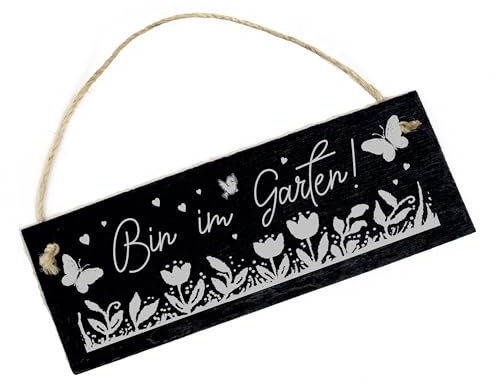 Dekolando Bin im Garten ! Schild Schiefer graviert Türschild Gartenschild Gartendeko Eingangstür Gartenarbeit Hinweisschild 22 x 8 cm