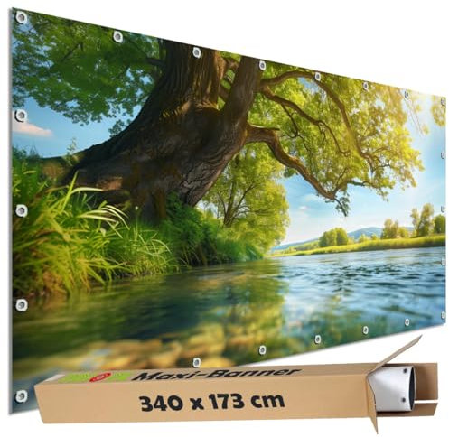 TRIOSK Sichtschutz Garten Dekoration Plane groß mit Motiv Baum Sonne Wasser Fluss Ufer Motivbanner Blickdicht für Terrasse Zaun Gartenzaun Gartenposter PVC Zaunblende 340x173 cm