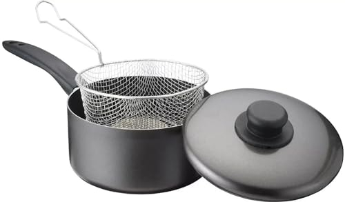 HOMESHOPA Chip Frying Pan with Basket and Lid, Non Stick Pan Deep Wire Strainer Basket for Frying Fries, Chips, Wedges, Aluminum Saucepan Deep Fat Fryer Kitchen Cooking Pot (9 - 22cm)