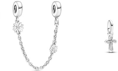 PANDORA Sicherheitskette Gänseblümchen 5cm 798764C01 & ME Funkelndes Kreuz Mini-Charm-Anhänger aus Sterling Silber mit Cubik Zirkonia, Kompatibel ME und Moments Armbändern, 793044C01