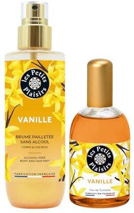 Les Petits Plaisirs - Lot Brume parfumée vanille pailletée + Eau de toilette Vanille. Made in France, Brume 200ml, Eau de toilette 110ml