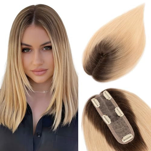TESS Real Human Hair Pieces for Women, Clip in Toupee Extensions Hair Topper, Hair Toppers for Thinning Hair Women Real Hair, 10 Inch 2T613 Dark Brown Ombre Bleached blonde