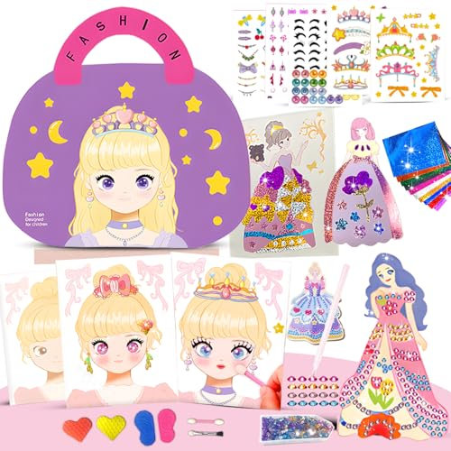 Santentre 4 in 1 Papier Dress Up Bastelset Aufkleber Spielzeug, Schminke Auf Papier Spielen, Diamond Painting Prinzessin, Folienspaß, Sticker, Geschenk für Mädchen Alter 4 5 6 7 8+ Jahr alt