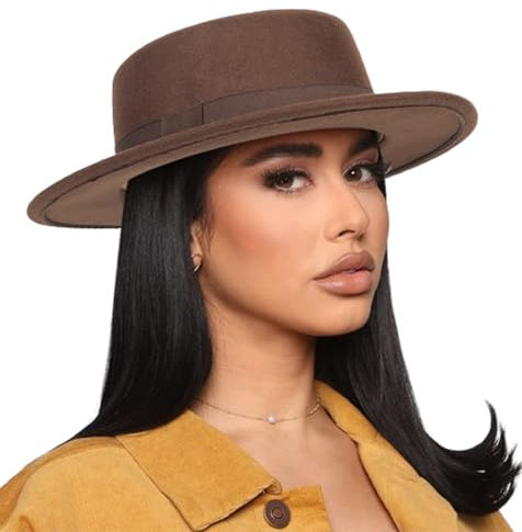 INOGIH Klassischer Bootshut mit breiter Krempe, Panama-Jazzhut, Flat-Top, Porkpie, Filzhut für Herren und Damen, Braun mit Band, M