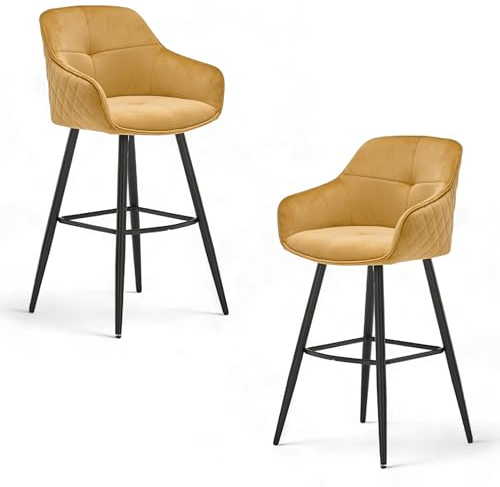 EMMA Barhocker 2er Set mit schwarzem Metallgestell, Gelb - Bequeme Samt Stühle für Esszimmer & Wohnzimmer - 57 x 105 x 53 cm (B/H/T)