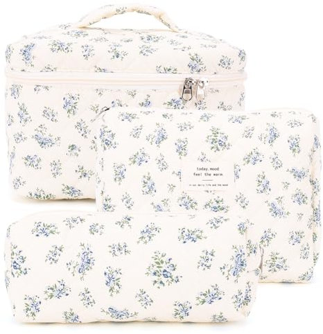 Ensemble de Trousse de Toilette de Voyage 3 pcs pour Femmes, Trousse à Cosmétiques Matelassée à Fermeture éclair, Sac de Rangement Cosmétiques Pratique (Fleur de courge Bleue)