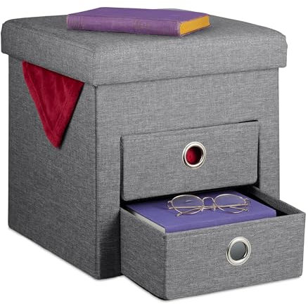 Relaxdays Sitzhocker mit Stauraum, 2 Schubladen, Griffe, faltbar, gepolstert, Hocker HBT: 39 x 37 x 37 cm, dunkelgrau