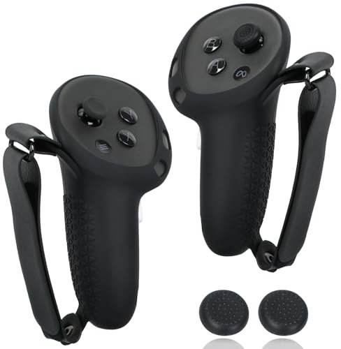 YipuVR Protective Grip Cover for Meta Quest 3/3 S Controller Grips, Anti-slip Drop VR Controller Grips Cover with Adjustable Knuckle Strap, Joystick Cap Covers (Black)