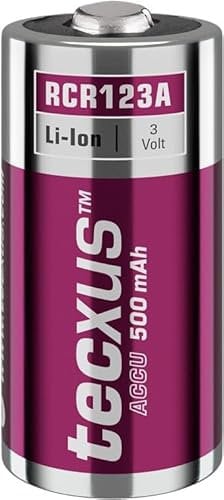 tecxus RCR123 - Batteria ricaricabile, 500 mAh, adatta per Arlo Wireless Security Camera/serratura digitale della porta, rilevatore di fumo e sistema di allarme/torcia, telecomando, 72563