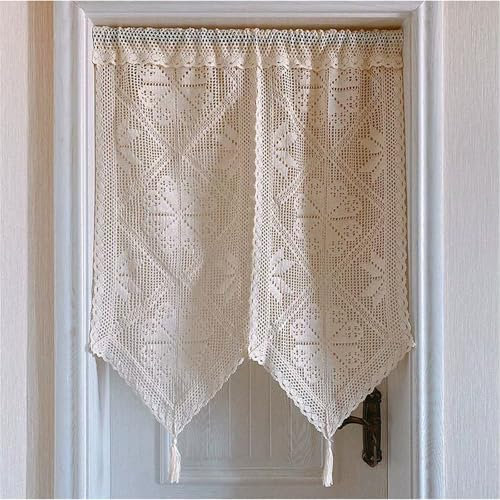 champracer Häkelgardine Landhausstil, Scheibengardine Bistrogardine Landhausstil Vintage Halbe Gardinen Fenster, Weihnachten Scheibengardinen Leinen Boho Küchengardinen Mit Fransen (BxH 85x70 cm)