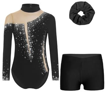 iEFiEL Mädchen Turnanzug Langarm Set Glitzer Gymnastikanzug mit Shorts und Haarband Kinder Eiskunstlauf Kleidung Tanztrikot B Schwarz 146-152