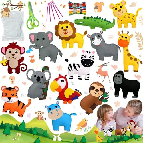 Liekadijiae 14 Stück Filz Waldtiere Bastelset Kinder, DIY Nähset, Niedliches Wildtier-Nähset mit Anleitung und Plüschfilzmaterialien, DIY Bastelset für Kinder ab 5 Jahren