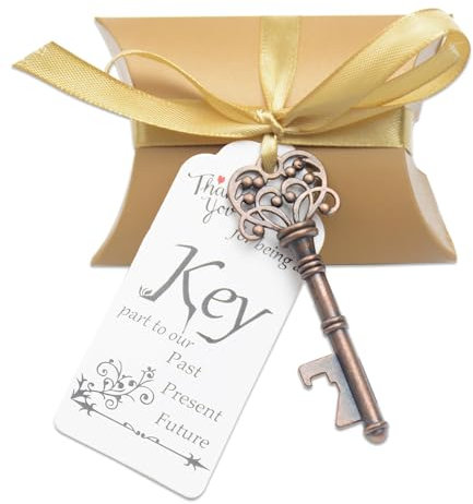 Key Bottle Opener Wedding Favour: 50pcs Vintage Skeleton Party Gift Set with Candy Boxes, Ribbons and Thank You Cards for Guests, Celebrations, Birthday, Baby Showers, Anniversary (Copper)
