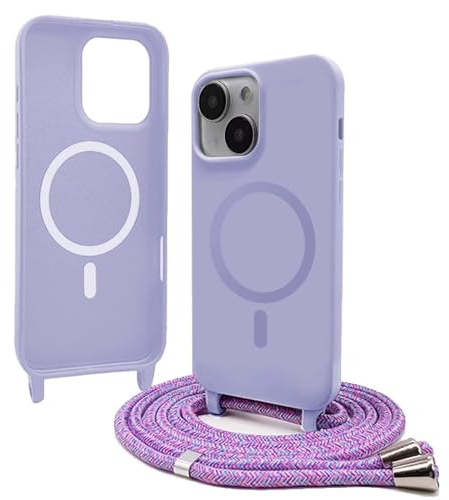Bigcousin Handykette für iPhone 14 Plus Hülle mit Band,Magnetisch kompatibel mit Magsafe,Silikon Necklace Handyhülle mit verstellbar und abnehmbar,Lila