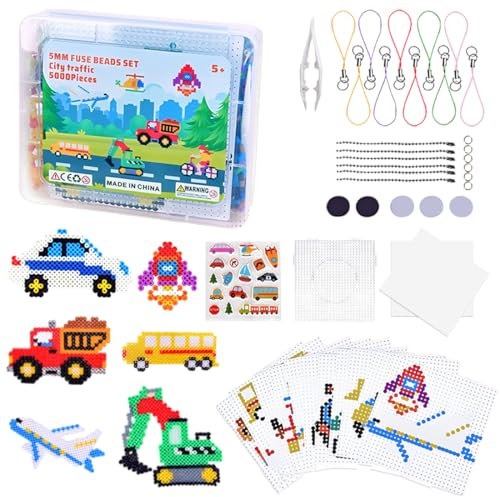 5mm Bügelperlen Vehicles Set - 5000 Stück Farben Steckperlen mit Platten, Bügelpapier, 12 Referenzmuster und Auto Aufkleber - DIY Bastelset für Kinder Geschenk