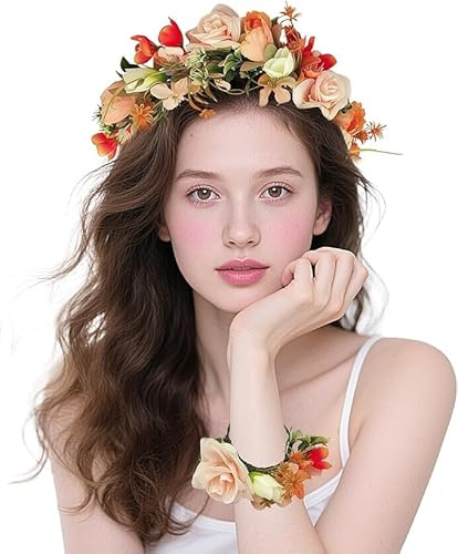 Blumenkranz Haare,Blumenkranz Blume Krone Stirnband mit Armband Set,Haar Garland,Haarbänder Floral Girlande,Blumenstirnband Einstellbar für Damen Hochzeit Zeremonie Festival Party Strand