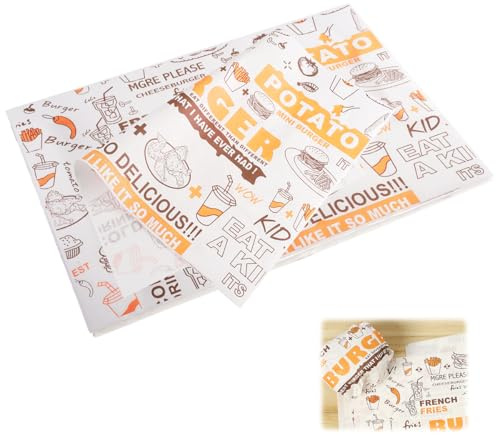 100 Blatt Burgerpapier Fettdicht, 36 x 26 cm Käsepapier, Wasserdicht und öl Wachspapier, Butterbrotpapier, Sandwich Papier, Verpackung Papier für Lebensmittel, Butter, Käse, Sandwich, Burger, Pommes