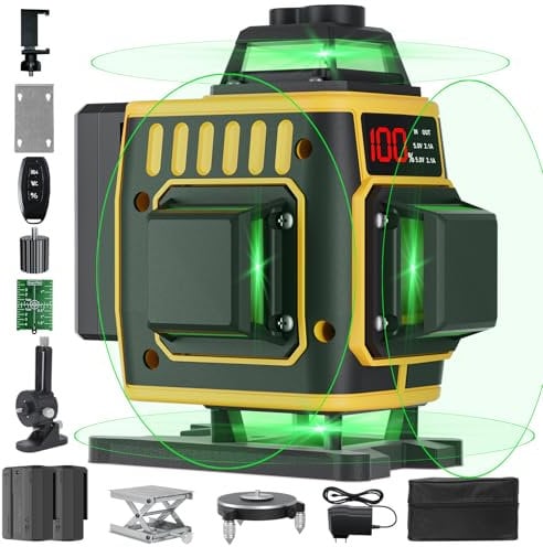 16 Line Laser Level 360 Self Leveling, Professional 4x360° Green Cross Line Laser Level for Construction and Picture Hanging with 2 Batteries, Digital Display,Remote Control