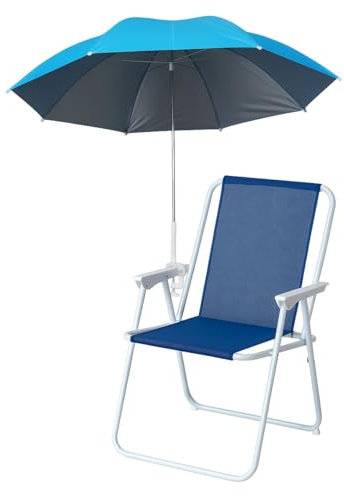 SACAR Ombrellone da spiaggina con clip di fissaggio + Sedia Relax Pieghevole - Struttura in metallo robusta e resistente - Perfetto per spiagge, campeggi e giardini. (1 OMBRELLO + 1 SEDIA BLU)