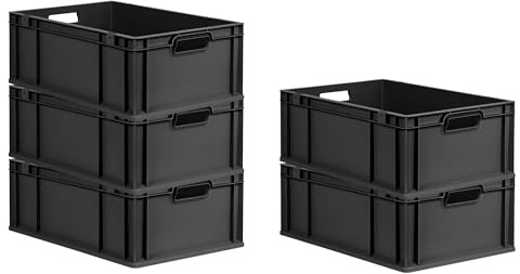 PROREGAL SparSet 5x Eurobox NextGen Grip | HxBxT 22x40x60cm | 44 Liter | Griffe offen | Verstärkter Boden | Schwarz | Eurobehälter, Transportbox, Transportbehälter, Stapelbehälter