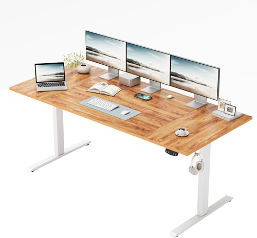 Klicelor Height-Adjustable Electric Desk, 160x80 cm Sit-Stand Office Desk, Computer Desk with Memory Function, Standing Desk, Gaming Desk with Four-Part Tabletop, Light Brown