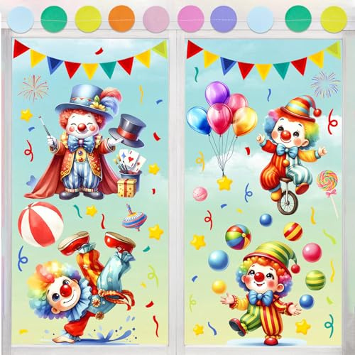 Qpout 4 Bögen Fensterbilder Karneval und 2×4M Runde Papier Girlande Bunt Deko,Clown Statisch Haftende Fensteraufkleber Hängend Dekorationen Wiederverwendbar,Fasching Zirkus Fensterdeko