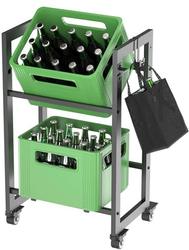 DanDiBo Getränkekistenregal 2 Kisten mit Gitter Haken Rollen Schmal Metall Schwarz 96649 Getränkeregal Kistenregal Getränke Regal Behälter