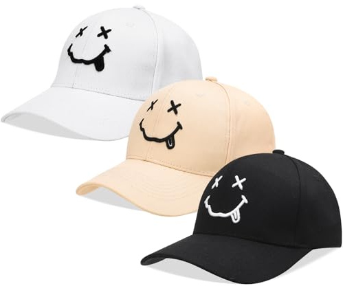 Utensilsto 3 Stück Baseball Cap Lächeln Baumwolle Baseballkappen | Pferdeschwanz Kappe Vintage Unisex Basecap Sonnenhut Sportkappe für Outdoor Sport Leisure Reisen