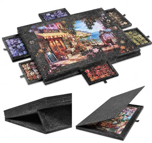 Tilting Jigsaw Puzzle Board with 6Drawers Cover,1000 Piece Stand Storing | Large foldable anti-slip puzzle mat and storage case. Provides neck strain relief. Perfect table organizer for adults