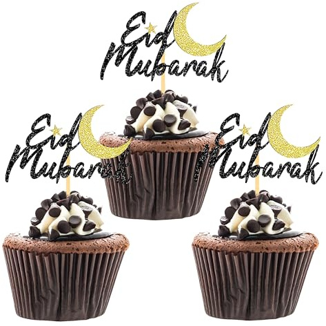 24 Stück Glitzer Eid Mubarak Cupcake Toppers, Umrah Mubarak Kuchendeko, Ramadan Deko, Islam Deko Tortendeko für Islamische Muslimische Festival Party Dekoration (Eid Schwarz)