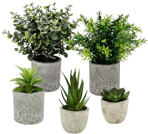 Vexaflow 5 Piezas Plantas Artificiales con Macetas, Mini Macetas Artificiales de Lengua de Serpiente, Agave Suculentas, Aloe Garra de Águila, Plantas Realistas para Decoración de Dormitorio