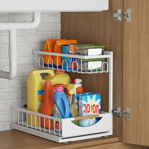 Fantasnight Under Sink Hanging Storage Organiser 2 Tier White 1 Pack | Organisation for Cupboard Kitchen Metal Undersink