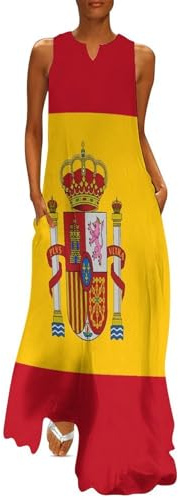 Vestido Largo De Verano para Mujer, Bandera de España Verano Vestidos Maxi Partido Playa De Informal Sueltos Vestido con Cuello En V Y Bolsillos Talla Grande
