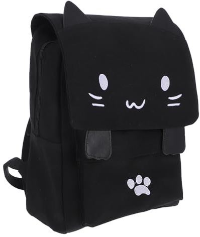 KALLORY Paquet à Dos Fille Grosse Capacité en Toile Noir Motif Chat 3d, Cartable École Mignon pour Étudiants, Protège Ordinateur Portable et Livres